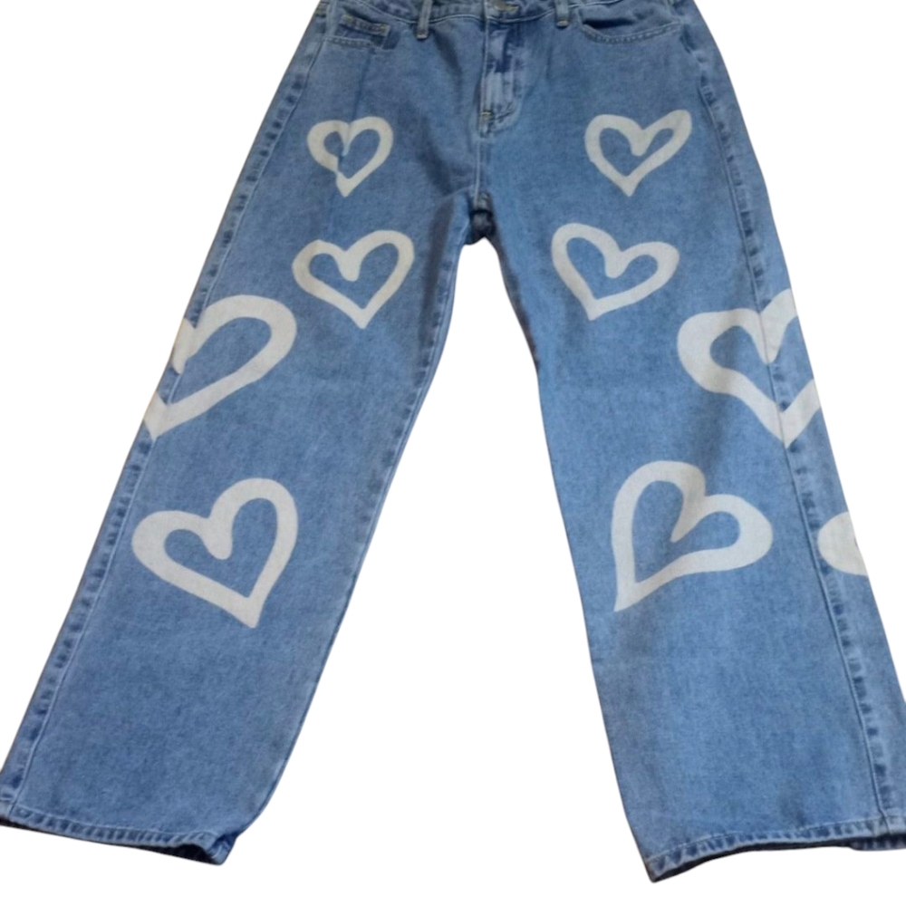 Wide-Leg Blue Jeans with White Hearts XL Relaxed Fit